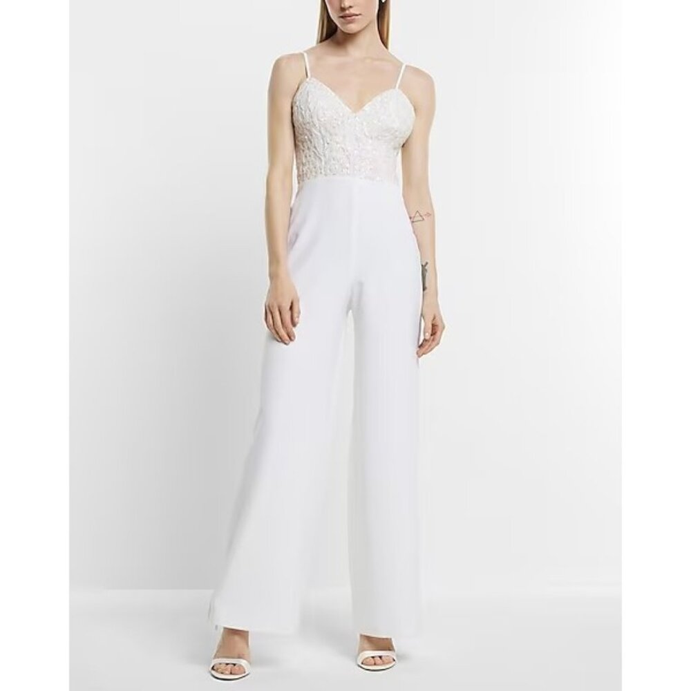 NEW Express Bridal Sequin Embellished White Jumpsuit Women's Size 8 Wedding